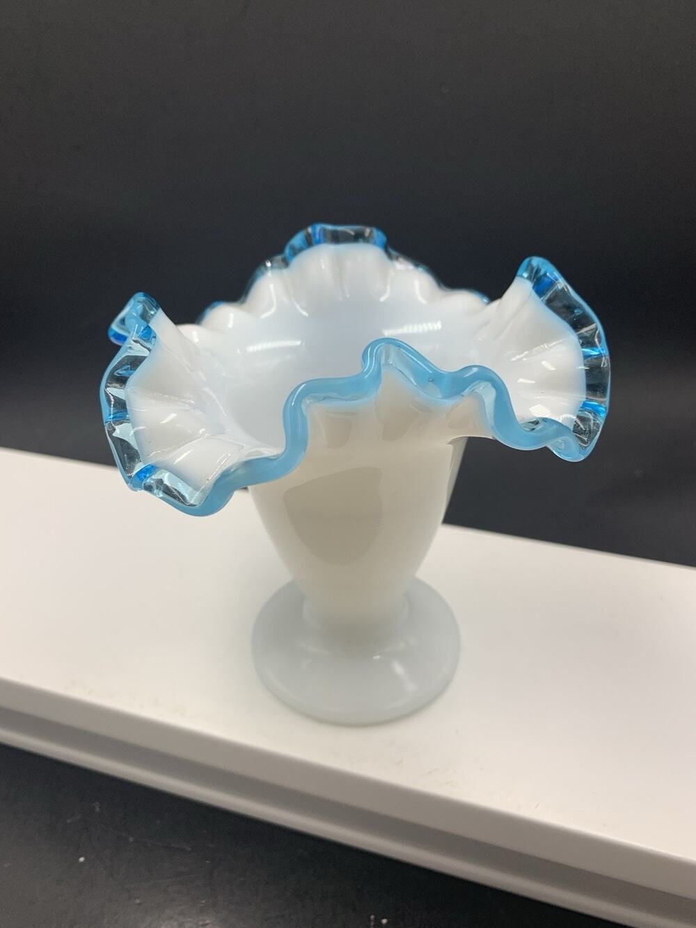 VTG Fenton Milk Art Glass Crimped Ruffled Aqua Blue Crest Footed 4" Small Vase